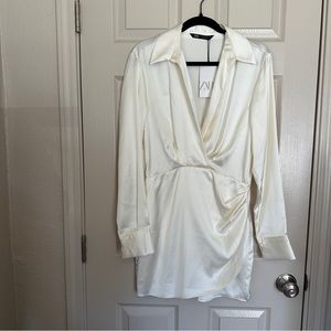 NWT zara ivory cream satin draped shirt dress size medium